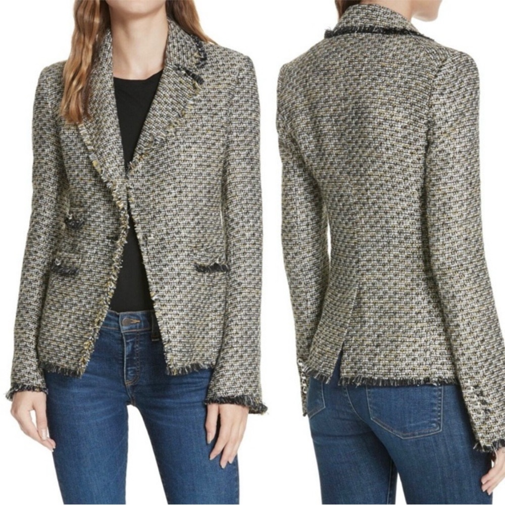 Veronica Beard Frayed Tweed Blazer in Black, White & Gold-Accent